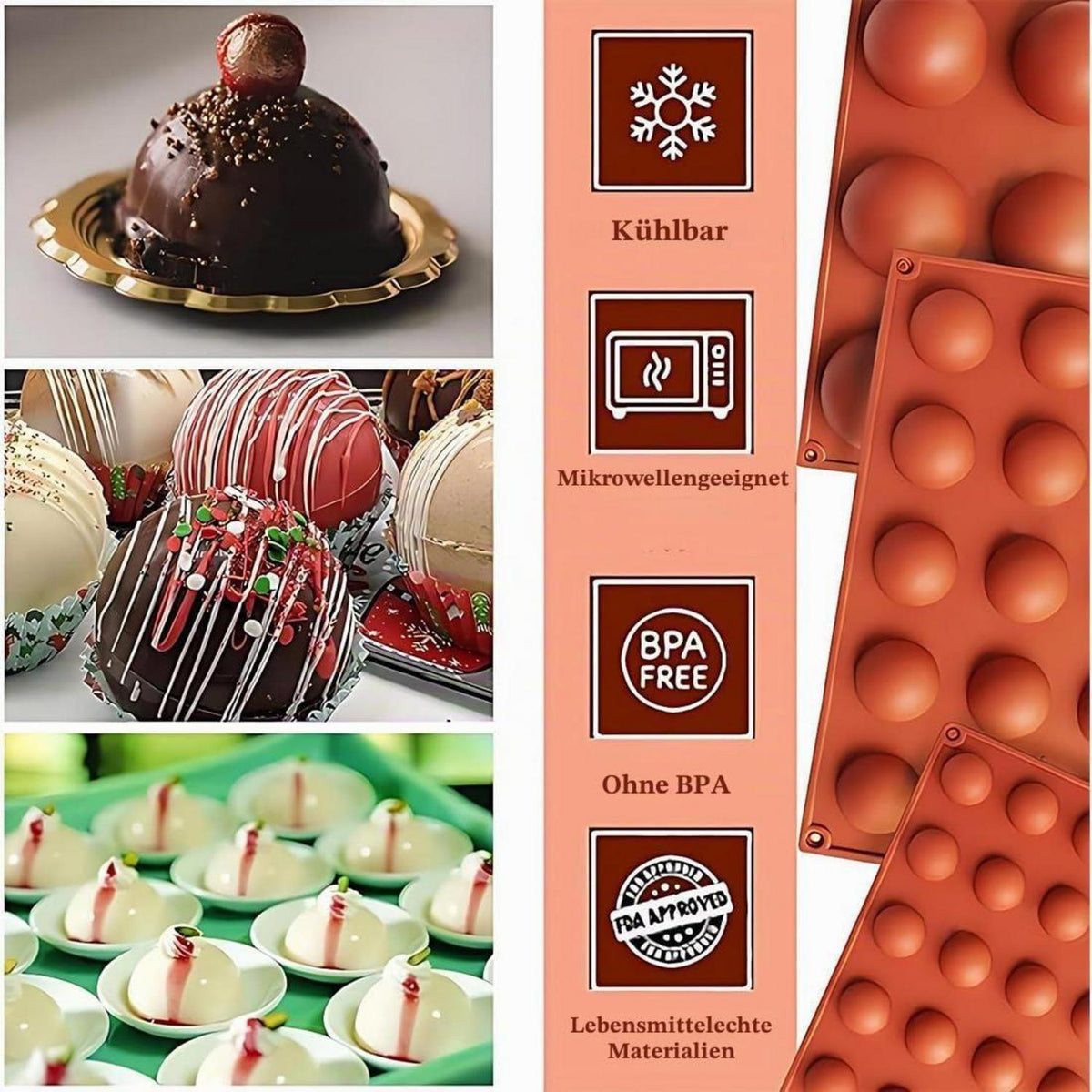 Silikon Backform Halbkugeln 3er Set für Kuchen, Pralinen & Süßigkeiten
