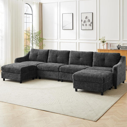 JIEXI Ecksofa mit Schlaffunktion – Grau, 4 Sitze + 2 Hocker