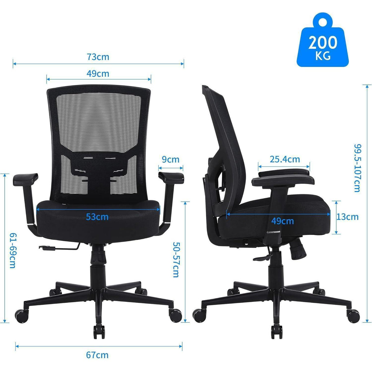 Ergonomischer Bürostuhl 200kg, Mesh, verstellbar, Schwarz