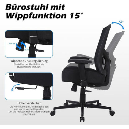 Ergonomischer Bürostuhl 200kg, Mesh, verstellbar, Schwarz