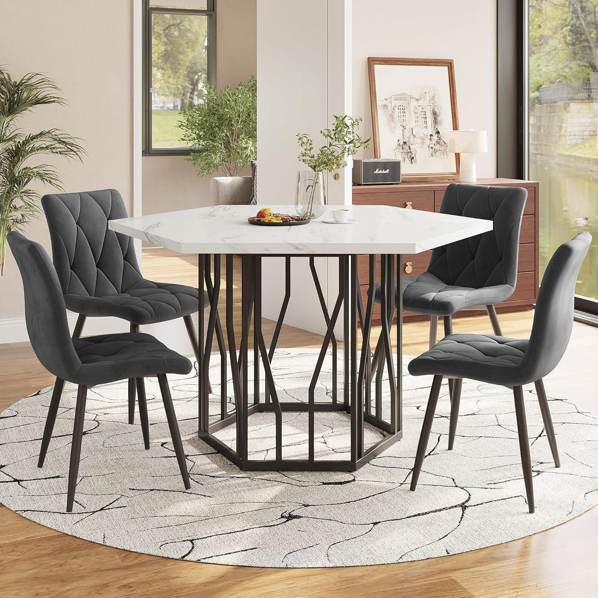 Moderner Esstisch Set (5-teilig) – Marmor & Samt Stühle