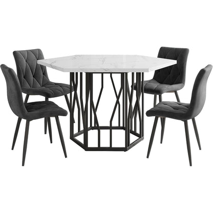 Moderner Esstisch Set (5-teilig) – Marmor & Samt Stühle