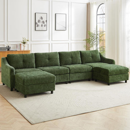 JIEXI Ecksofa mit Schlaffunktion – Dunkelgrün, 4 Sitze + 2 Hocker