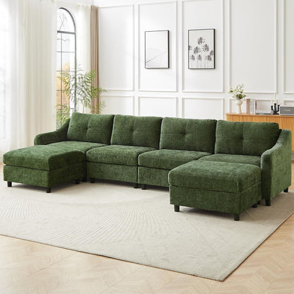 JIEXI Ecksofa mit Schlaffunktion – Dunkelgrün, 4 Sitze + 2 Hocker