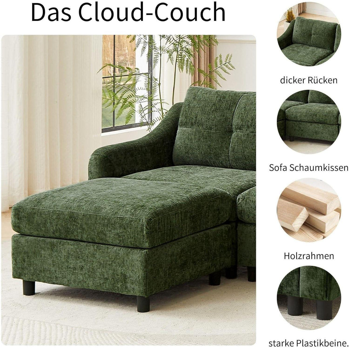 JIEXI Ecksofa mit Schlaffunktion – Dunkelgrün, 4 Sitze + 2 Hocker