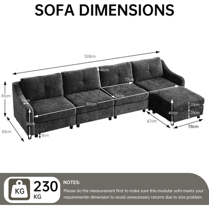 JIEXI Ecksofa mit Schlaffunktion – Grau, 4 Sitze + Hocker
