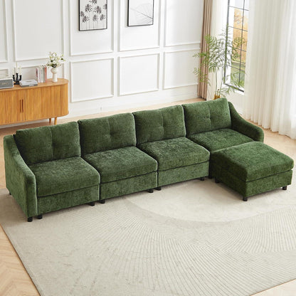 JIEXI Ecksofa mit Schlaffunktion – Dunkelgrün, 4 Sitze + Hocker