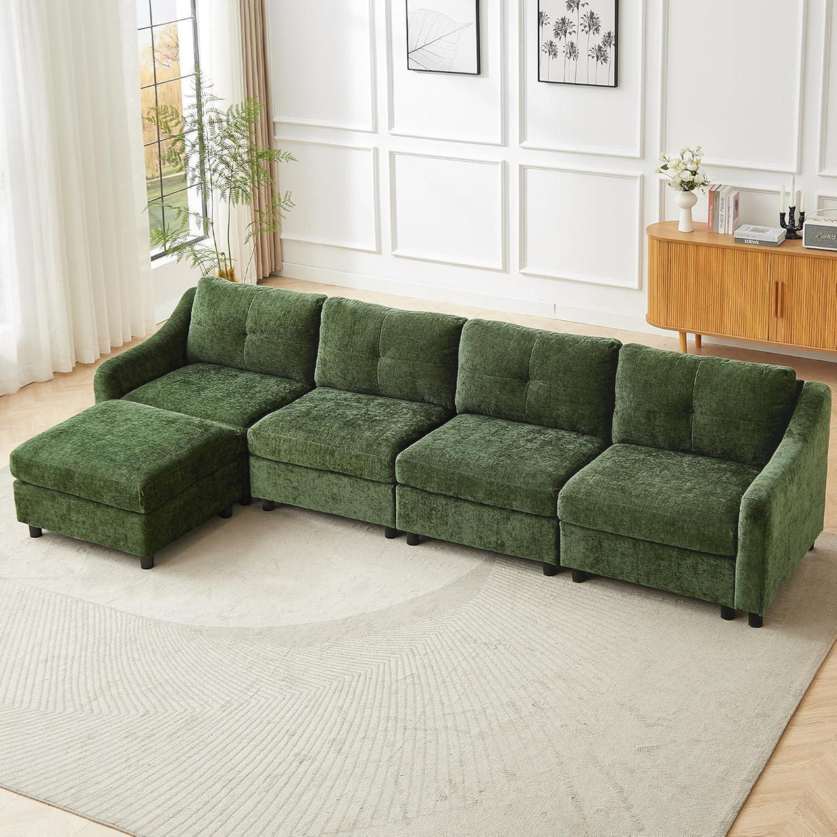JIEXI Ecksofa mit Schlaffunktion – Dunkelgrün, 4 Sitze + Hocker