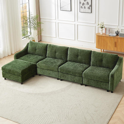JIEXI Ecksofa mit Schlaffunktion – Dunkelgrün, 4 Sitze + Hocker