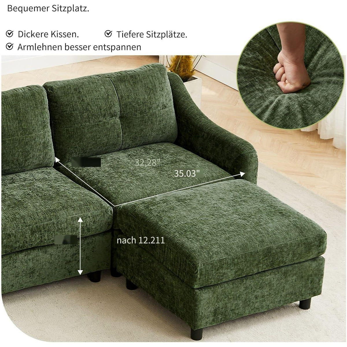 JIEXI Ecksofa mit Schlaffunktion – Dunkelgrün, 4 Sitze + Hocker