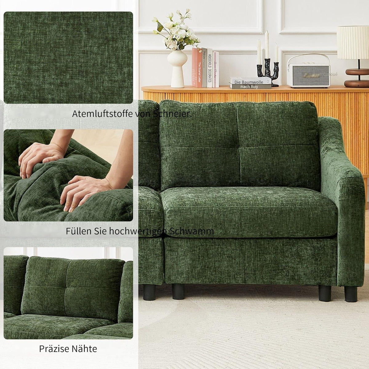 JIEXI Ecksofa mit Schlaffunktion – Dunkelgrün, 4 Sitze + Hocker