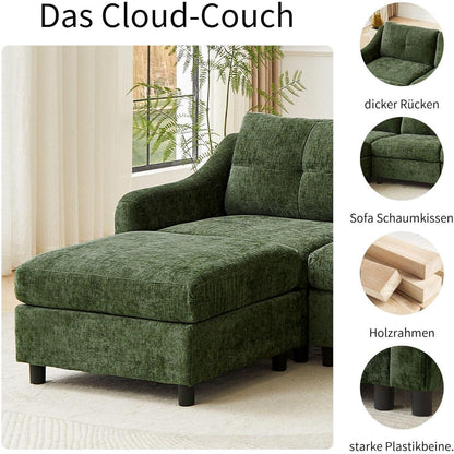 JIEXI Ecksofa mit Schlaffunktion – Dunkelgrün, 4 Sitze + Hocker
