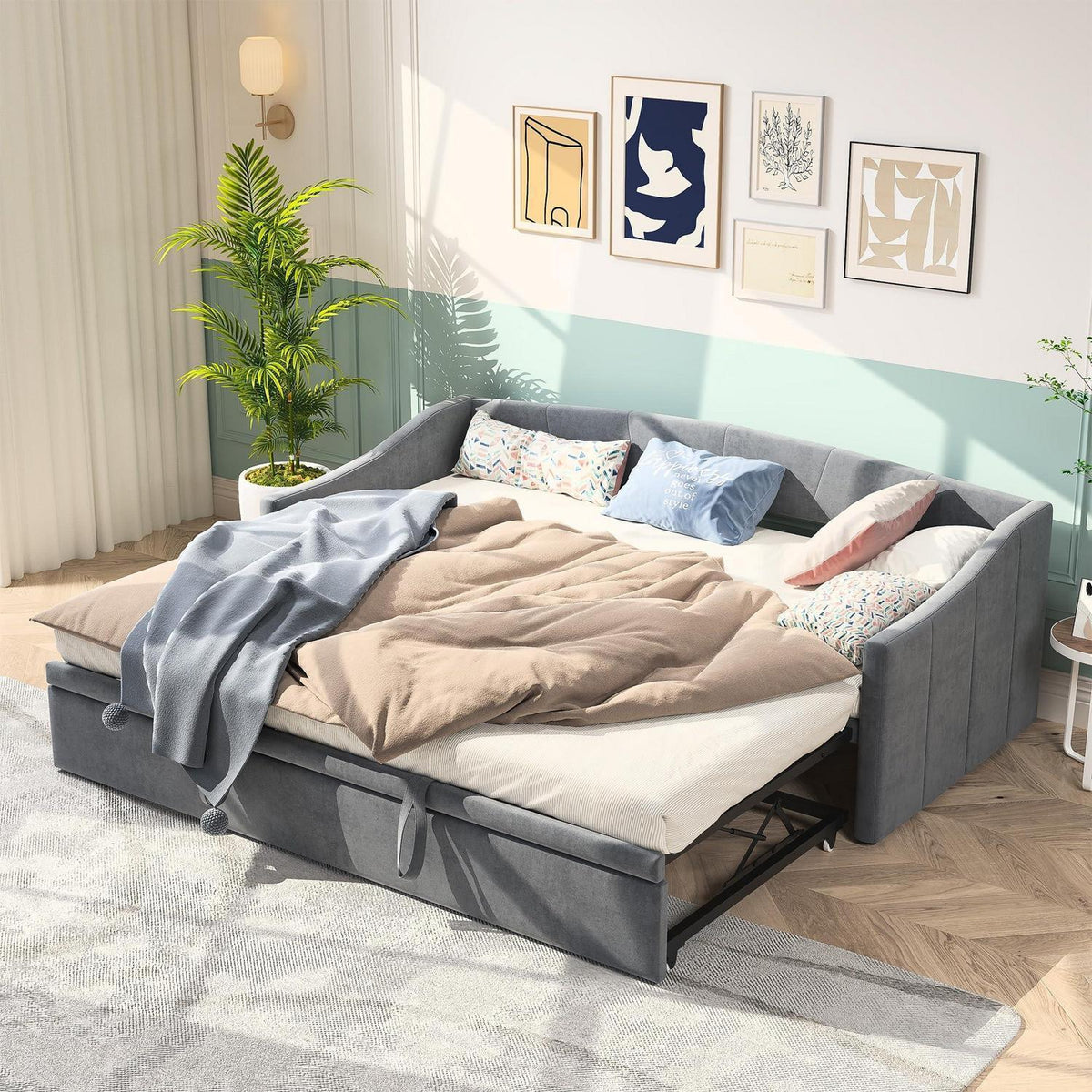 Tagesbett 90x200 cm mit Ausziehbett Grau – 3-in-1 Schlafsofa