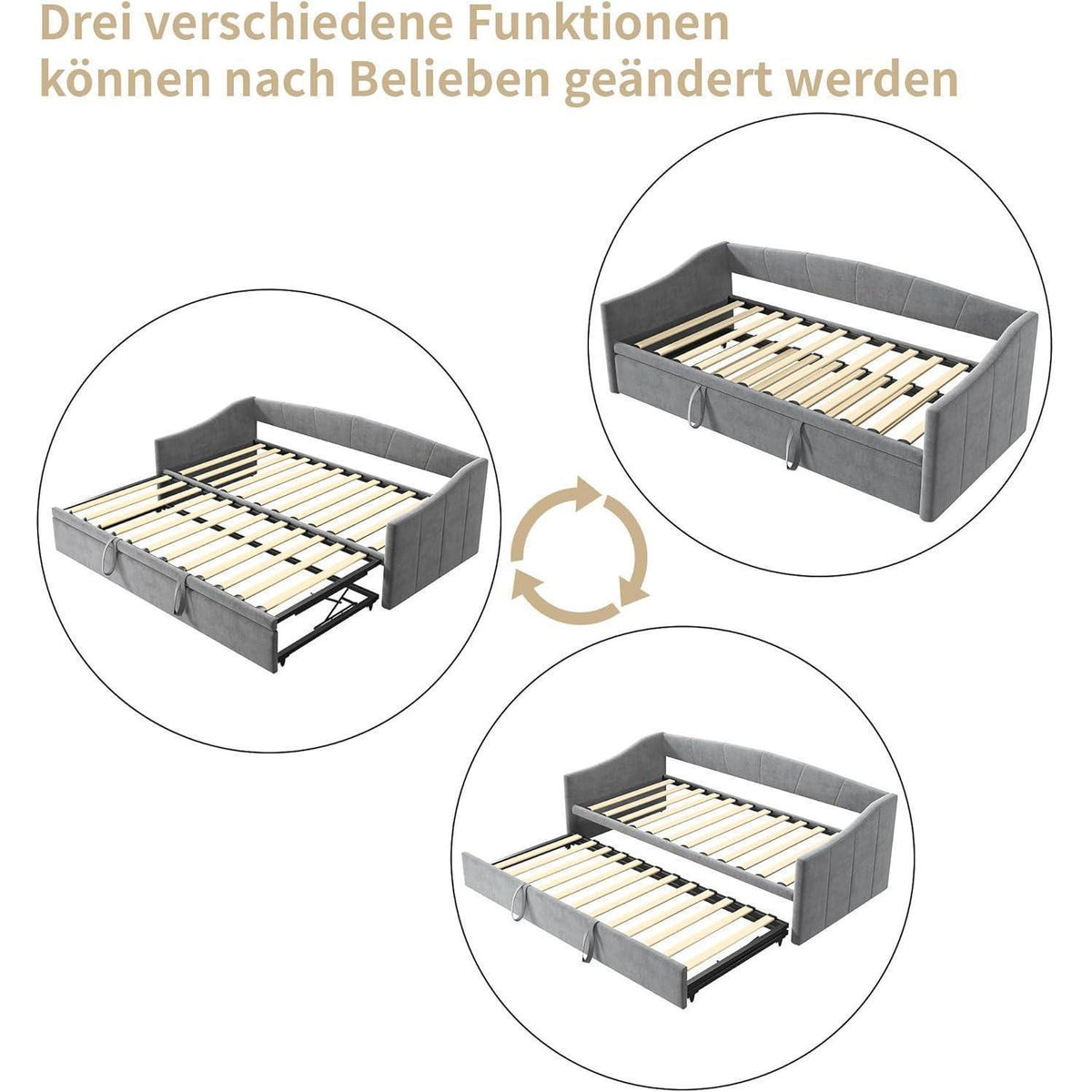 Tagesbett 90x200 cm mit Ausziehbett Grau – 3-in-1 Schlafsofa