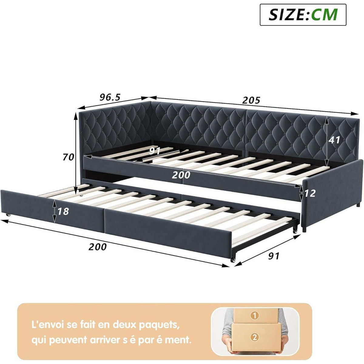 Ausziehbares Schlafsofa 90/180x200cm – Grau Samt