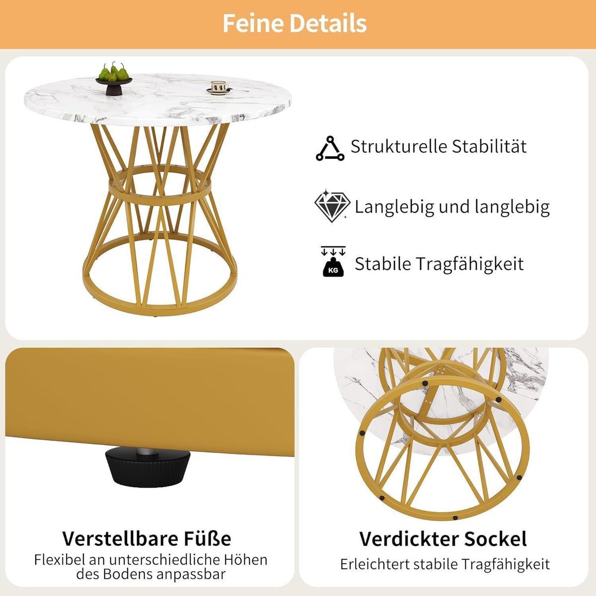 Runde Essgruppe mit 4 Samtstühlen – Weiß & Gold