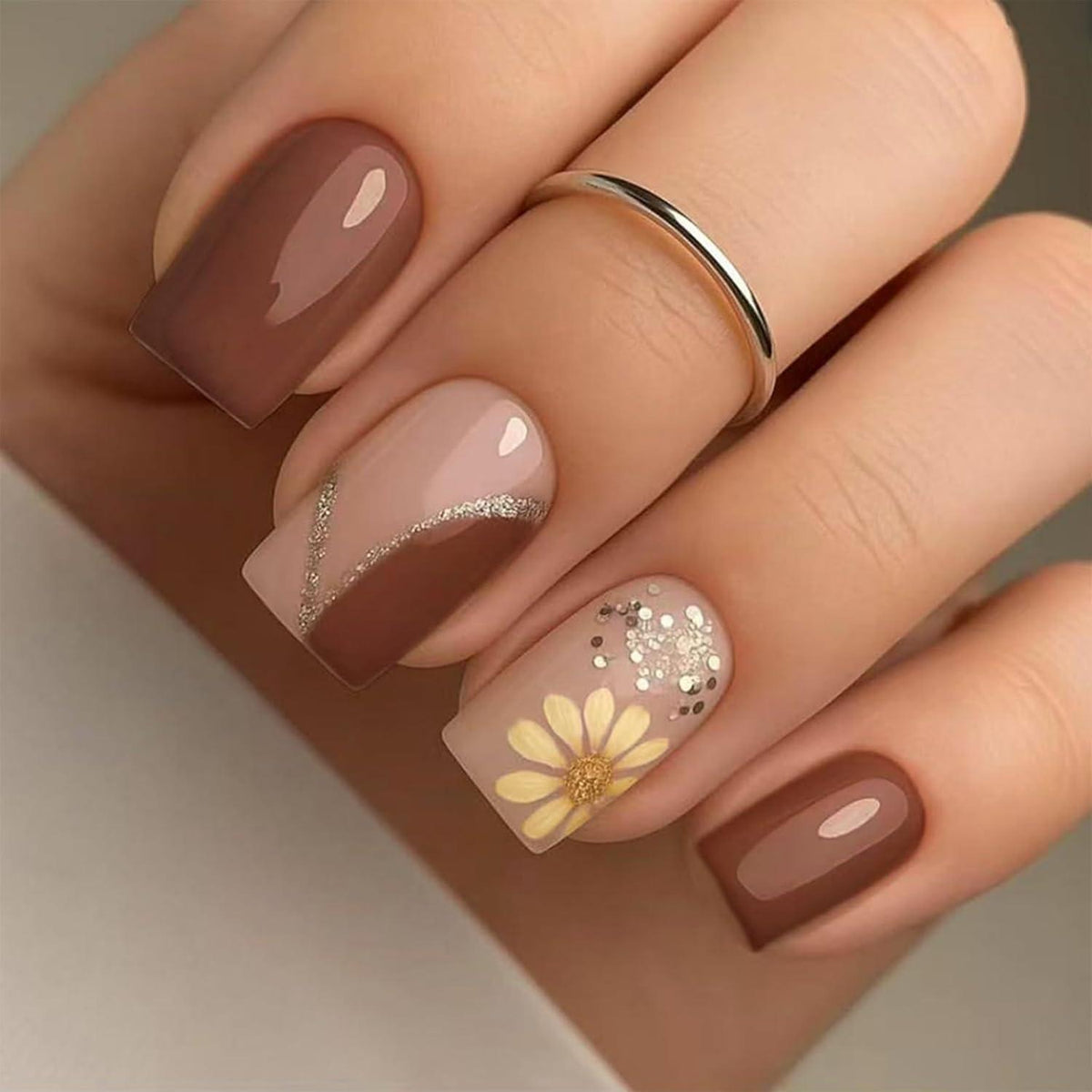 Press On Nails Herbstblumen – Braune Quadratische Nägel Zum Aufkleben