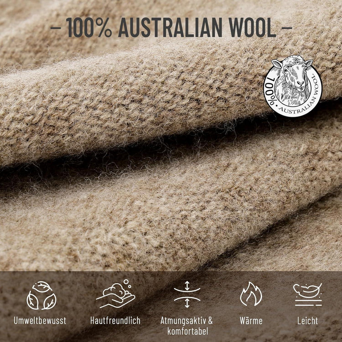 Australische Wollmütze Damen Herren - Beanie Braun, Atmungsaktiv & Warm