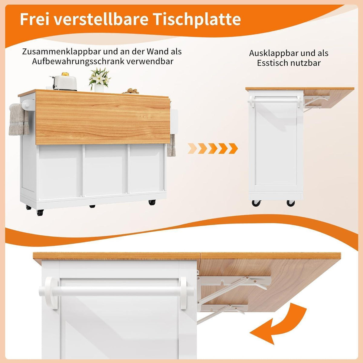 Klappbarer Küchenwagen mit Arbeitsplatte & Handtuchhalter Weiß