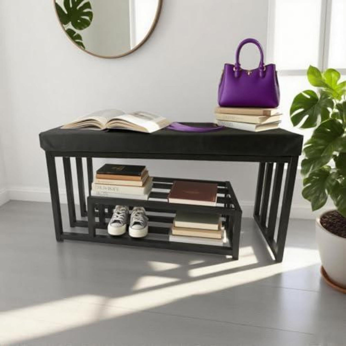 Schuhbank mit Sitzfläche – Schuhregal & Bank Schwarz 120x30x45cm