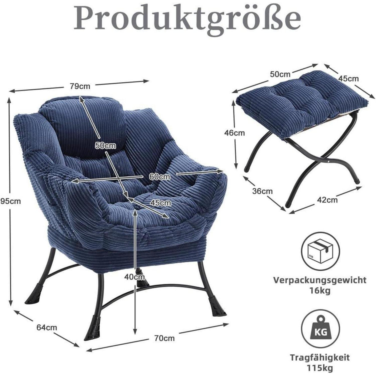 Ohrensessel mit Hocker | Navy Blau Cord Loungestuhl mit Ottoman