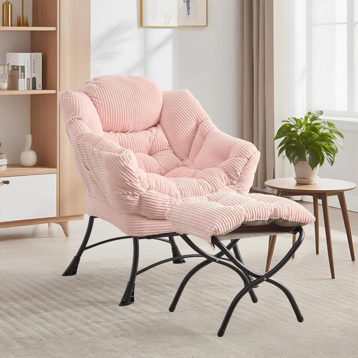 Ohrensessel mit Hocker – Cord Rosa, Bequemer Loungesessel