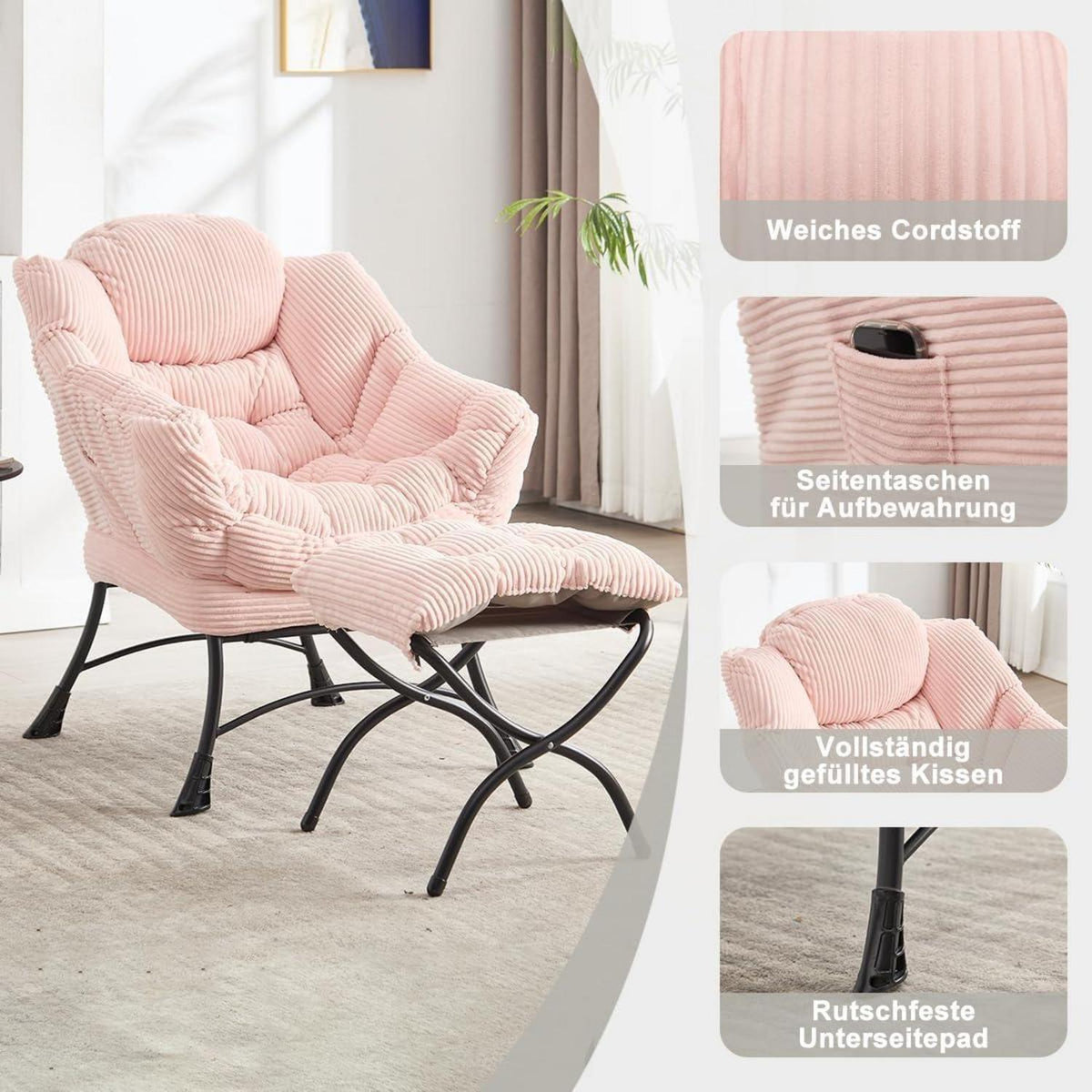 Ohrensessel mit Hocker – Cord Rosa, Bequemer Loungesessel
