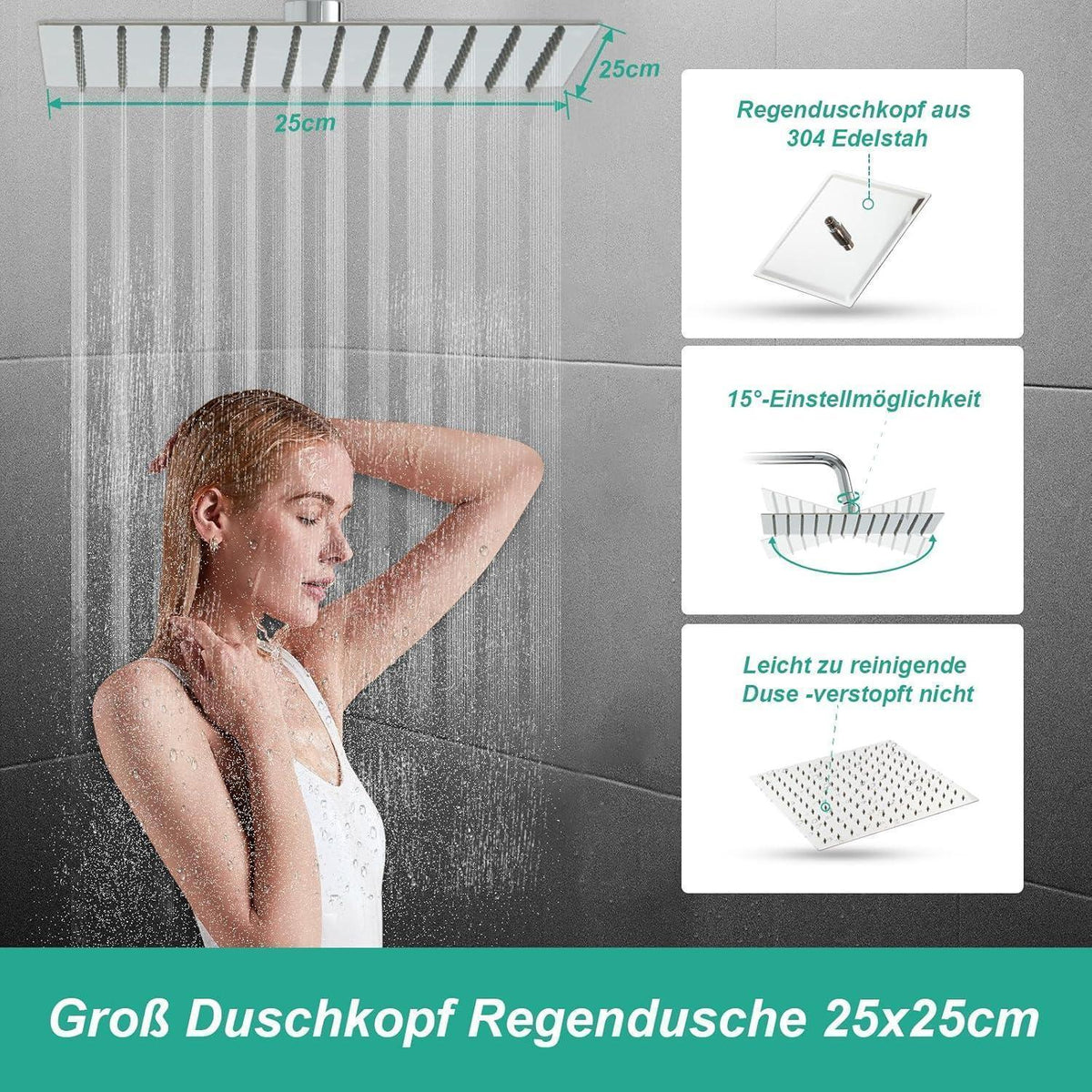Eckige Regendusche Edelstahl 25x25cm mit Duschschlauch