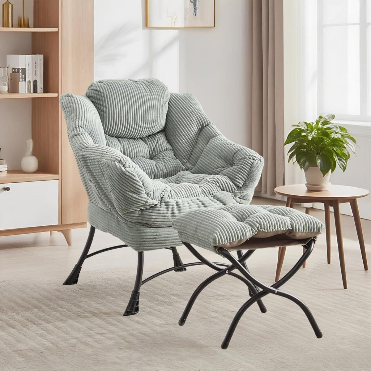 Moderner Ohrensessel mit Hocker – Cord Lounge Sessel Hellgrau/Grün