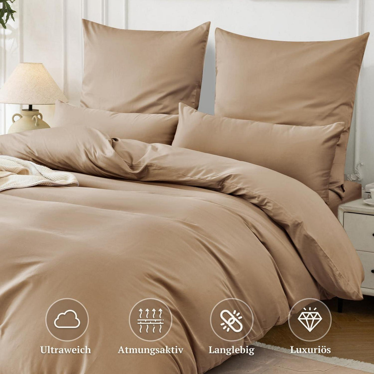 Satin Bettwäsche Set 135x200 Baumwolle 4tlg. Hellgoldbraun