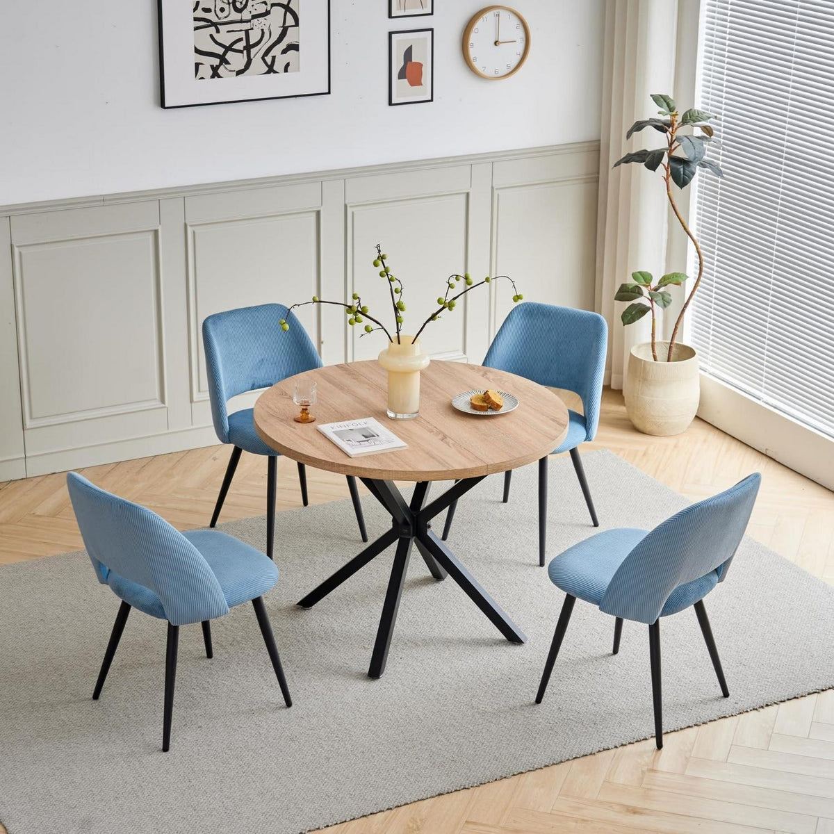 Runder Esstisch Set mit 4 Cord-Stühlen – Modern & Komfortabel
