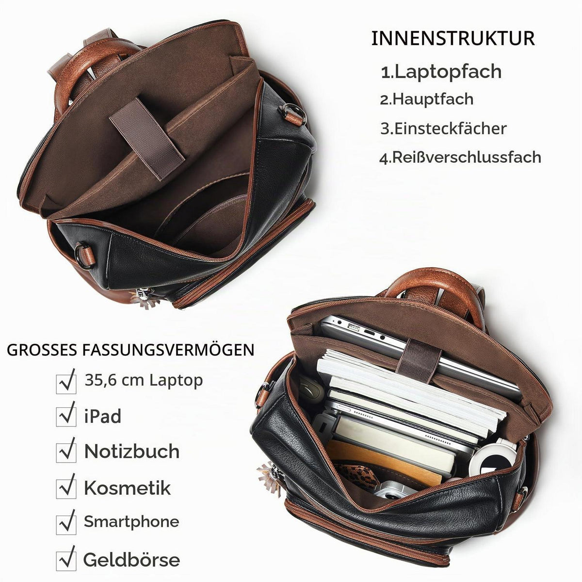 Rucksack Damen Laptopfach 15,6 Zoll Wasserdicht Business in Lederoptik