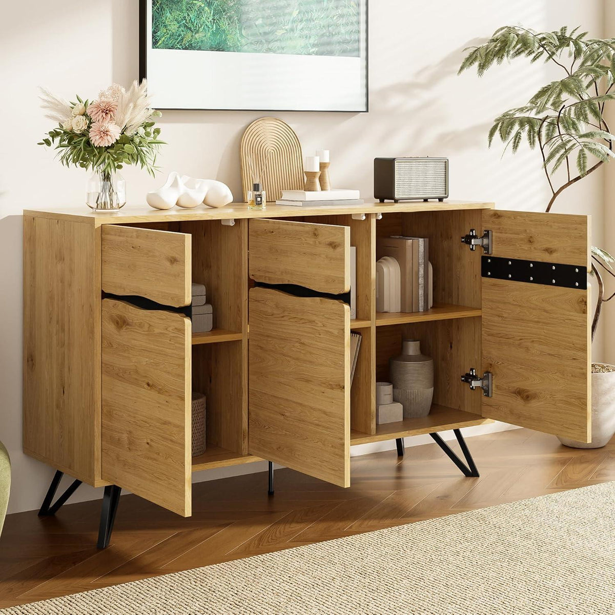 3-Türige Kommode Holzoptik mit Metallfüßen – Schmaler Flur- oder Wohnzimmerschrank
