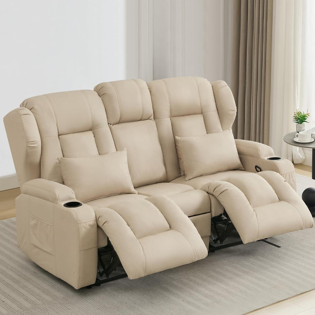 2er Relaxsessel mit Liegefunktion & Konsole – Beige