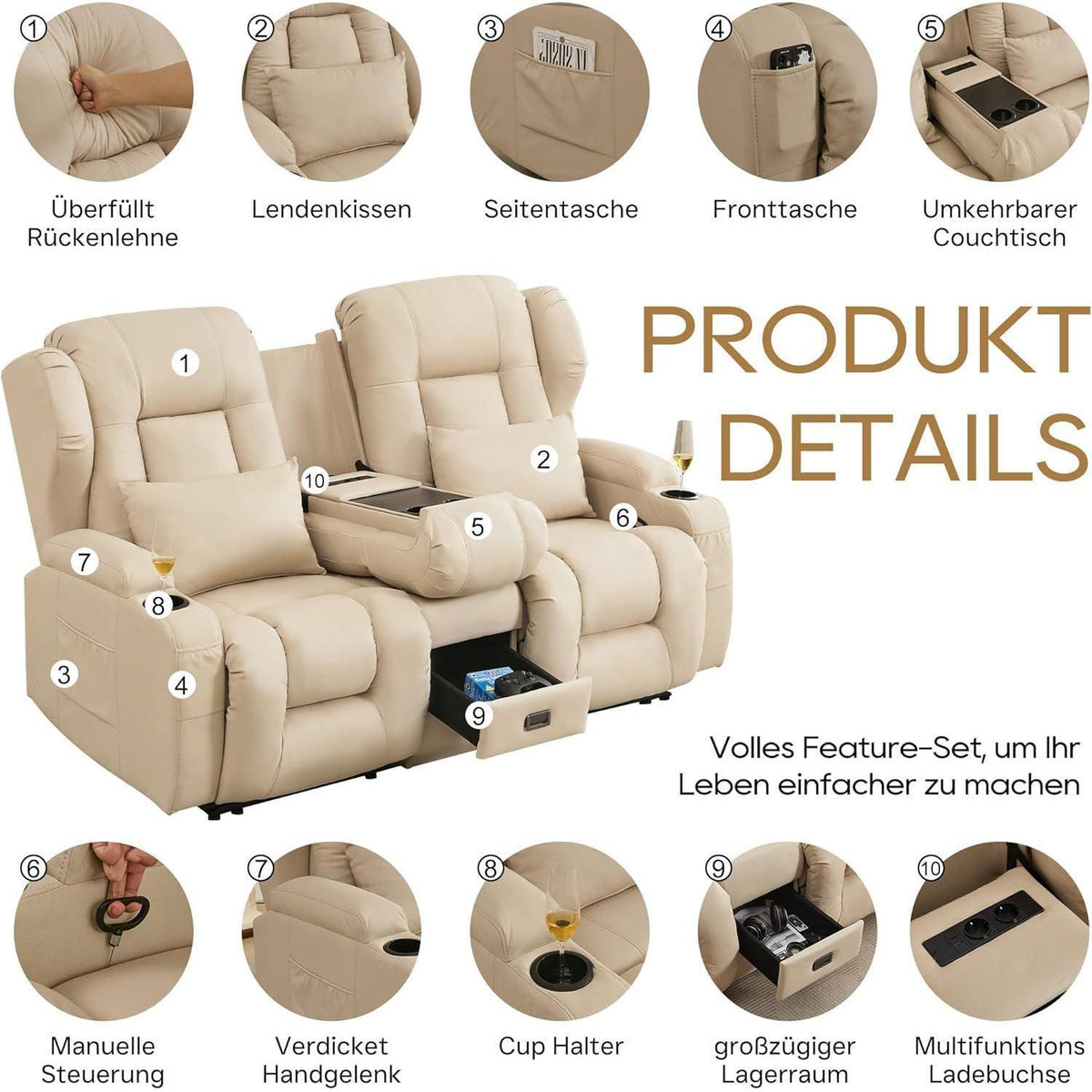 2er Relaxsessel mit Liegefunktion & Konsole – Beige