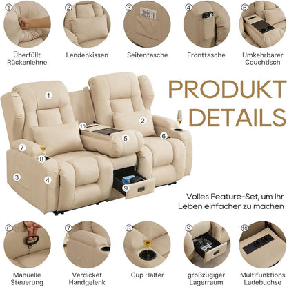 2er Relaxsessel mit Liegefunktion & Konsole – Beige