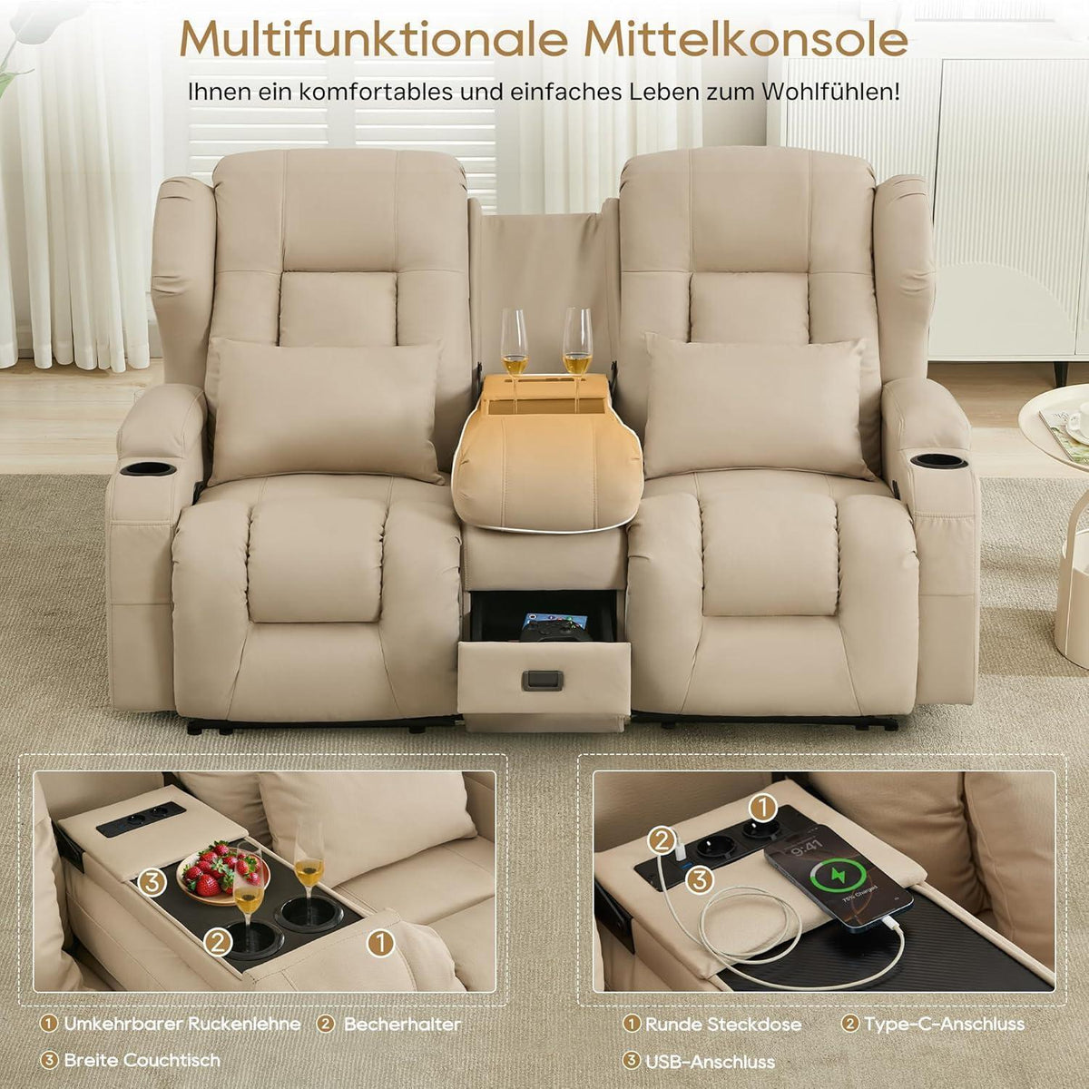 2er Relaxsessel mit Liegefunktion & Konsole – Beige
