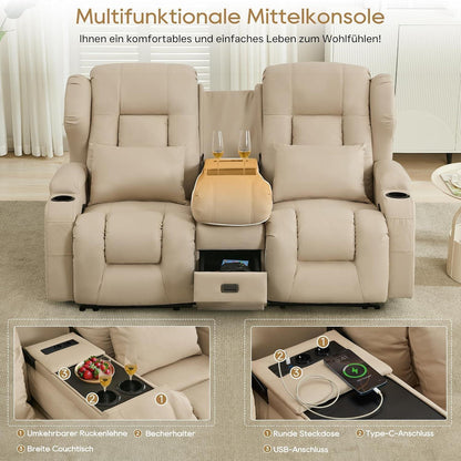 2er Relaxsessel mit Liegefunktion & Konsole – Beige