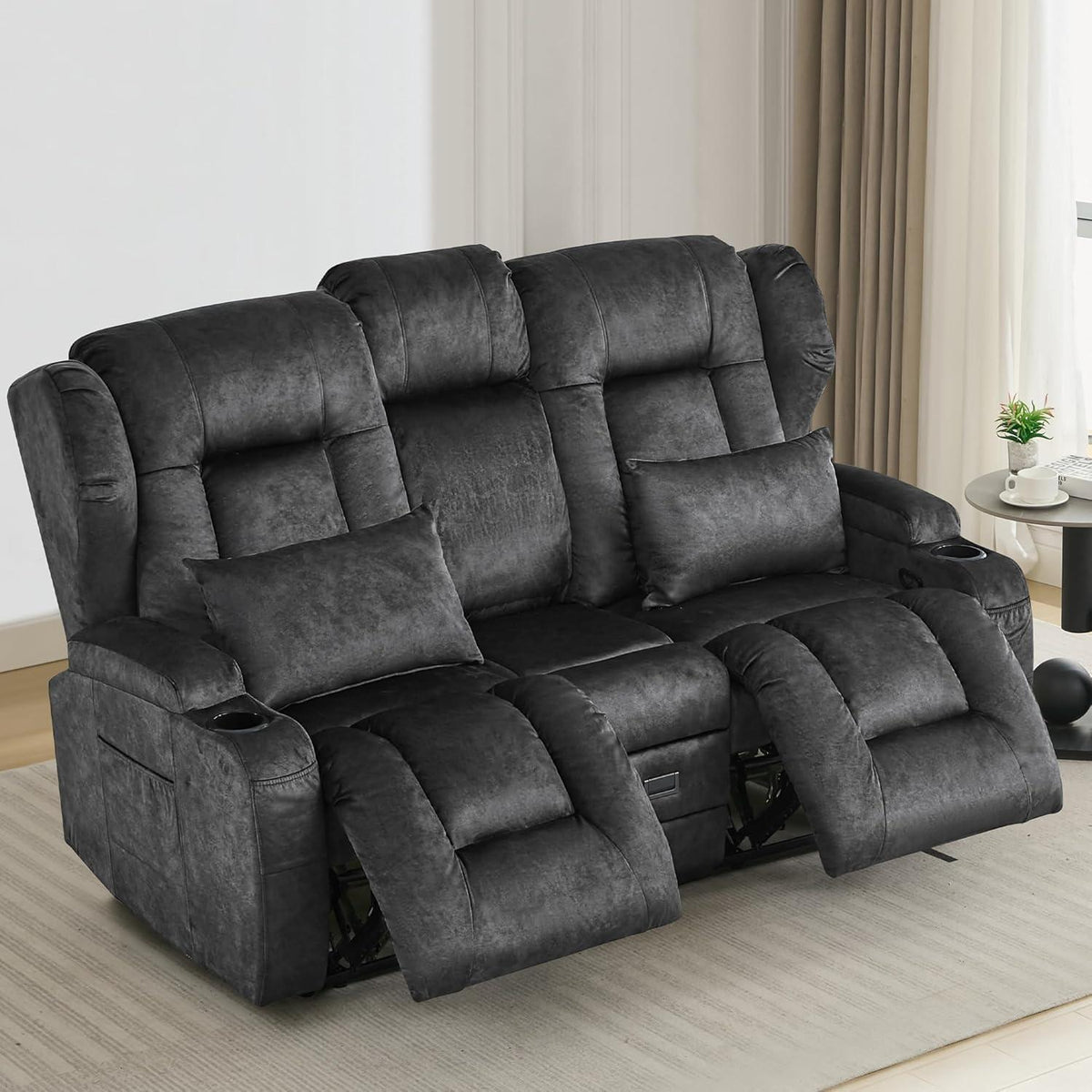 2er Relaxsessel mit Liegefunktion & Konsole – Grau