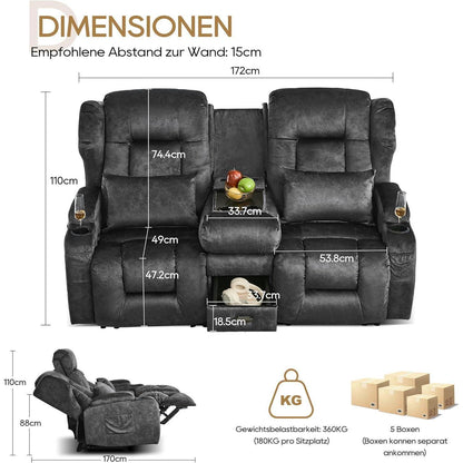2er Relaxsessel mit Liegefunktion & Konsole – Grau