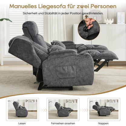 2er Relaxsessel mit Liegefunktion & Konsole – Grau