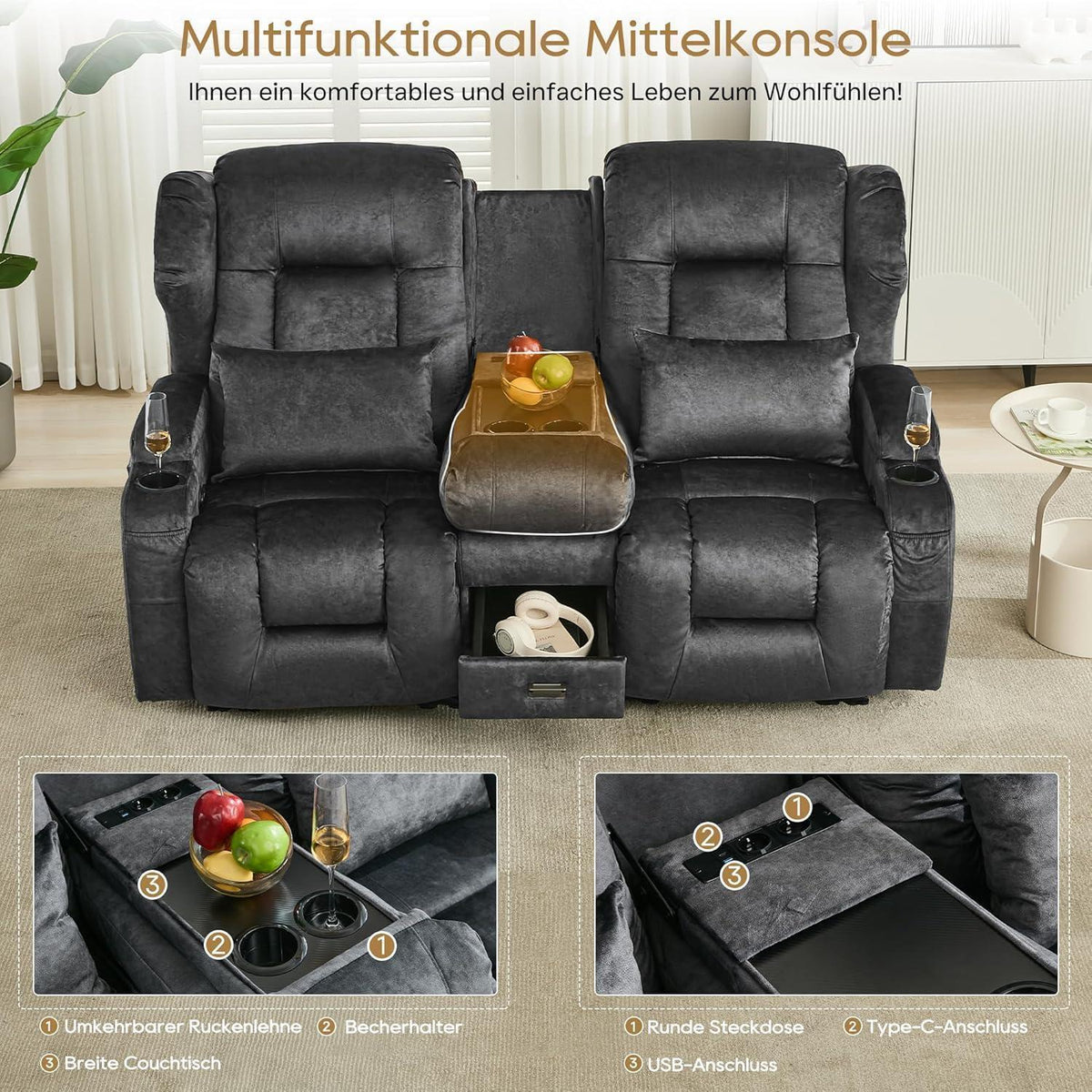2er Relaxsessel mit Liegefunktion & Konsole – Grau