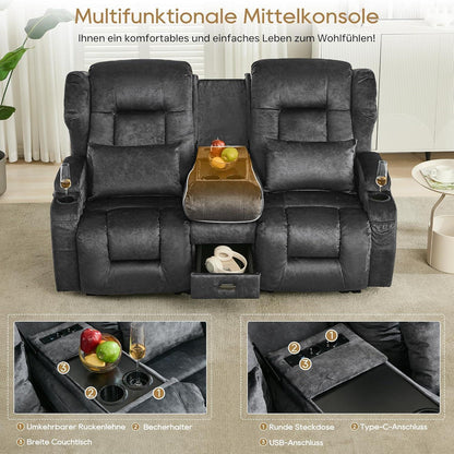 2er Relaxsessel mit Liegefunktion & Konsole – Grau