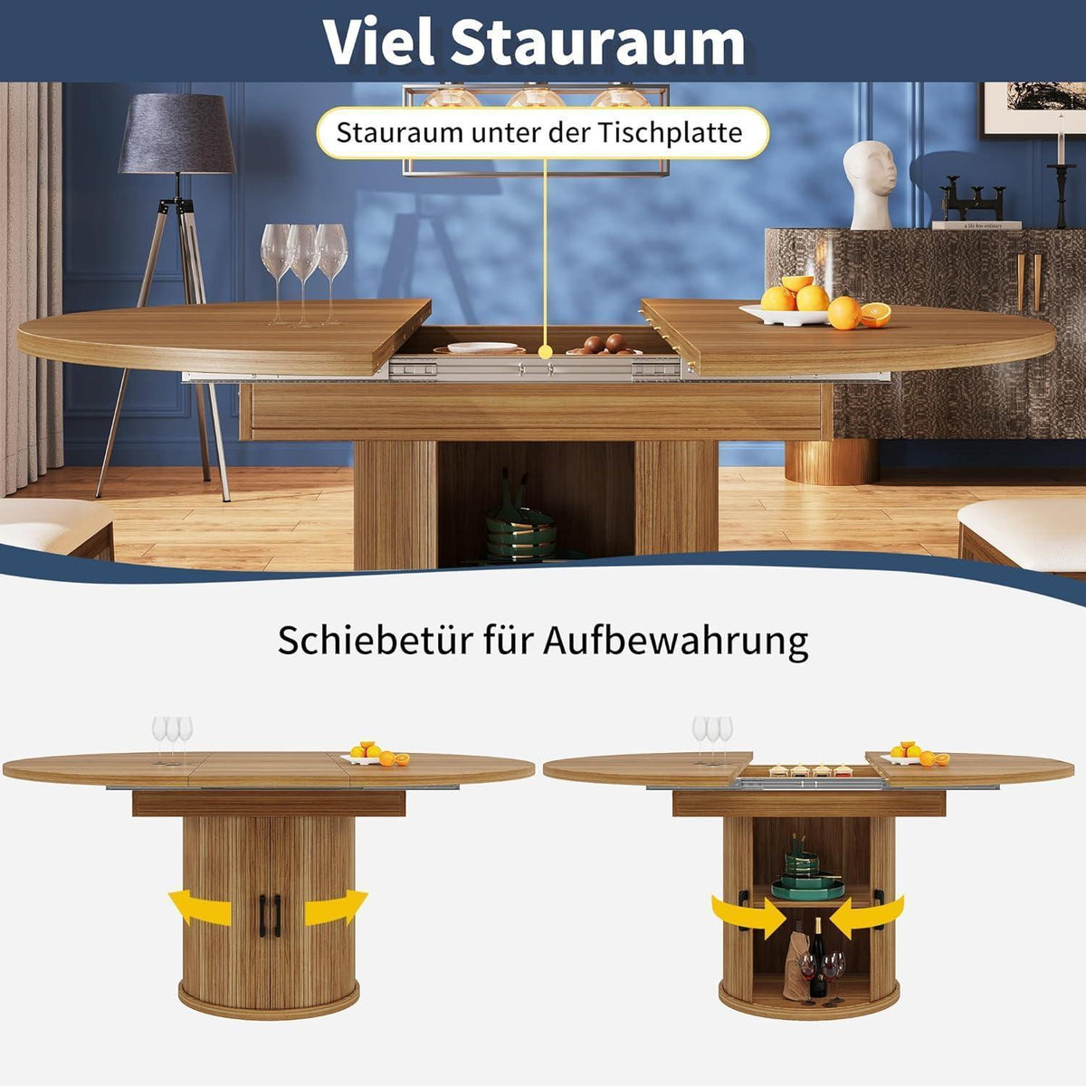 Ausziehbarer Esstisch Oval 118-158cm mit Stauraum & Verstellfüßen