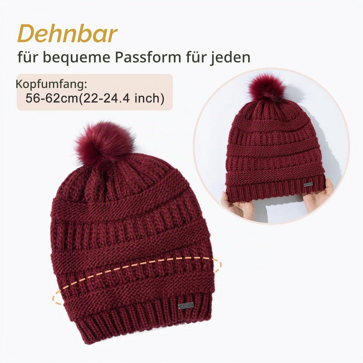 Damen Wintermütze aus 100% Wolle mit Kunstfell-Bommel und Satin-Futter