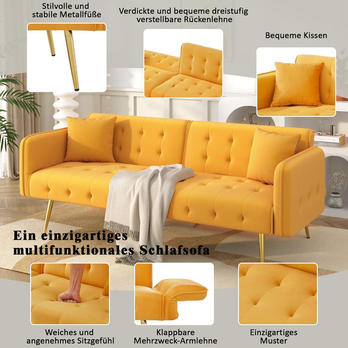 2-Sitzer Schlafsofa mit verstellbarer Rückenlehne (Gelb)