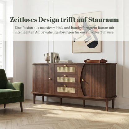 Vintage Kommode Braun 140cm – Sideboard Holz Rattan mit Schubladen
