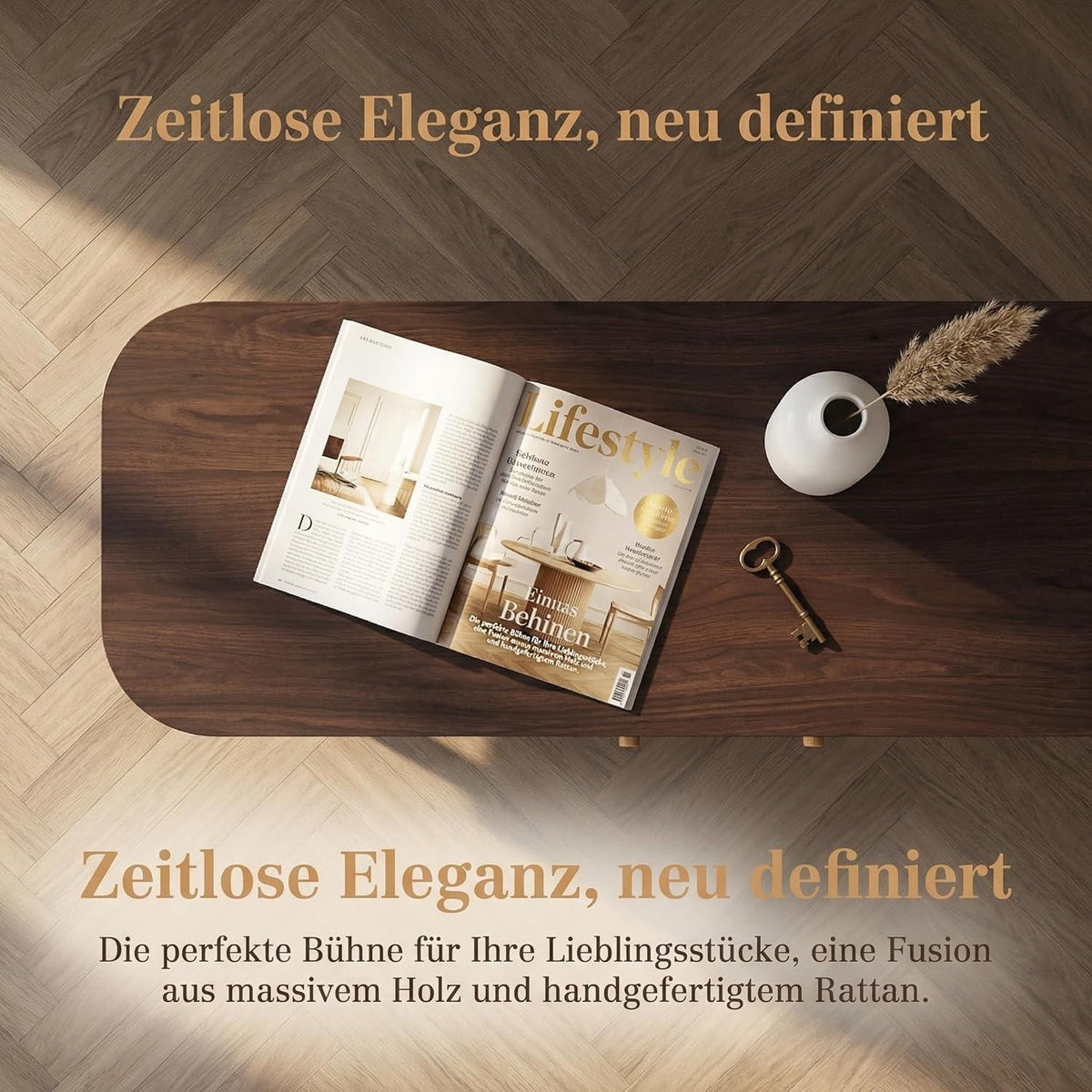 Vintage Kommode Braun 140cm – Sideboard Holz Rattan mit Schubladen