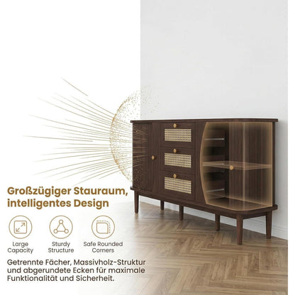 Vintage Kommode Braun 140cm – Sideboard Holz Rattan mit Schubladen