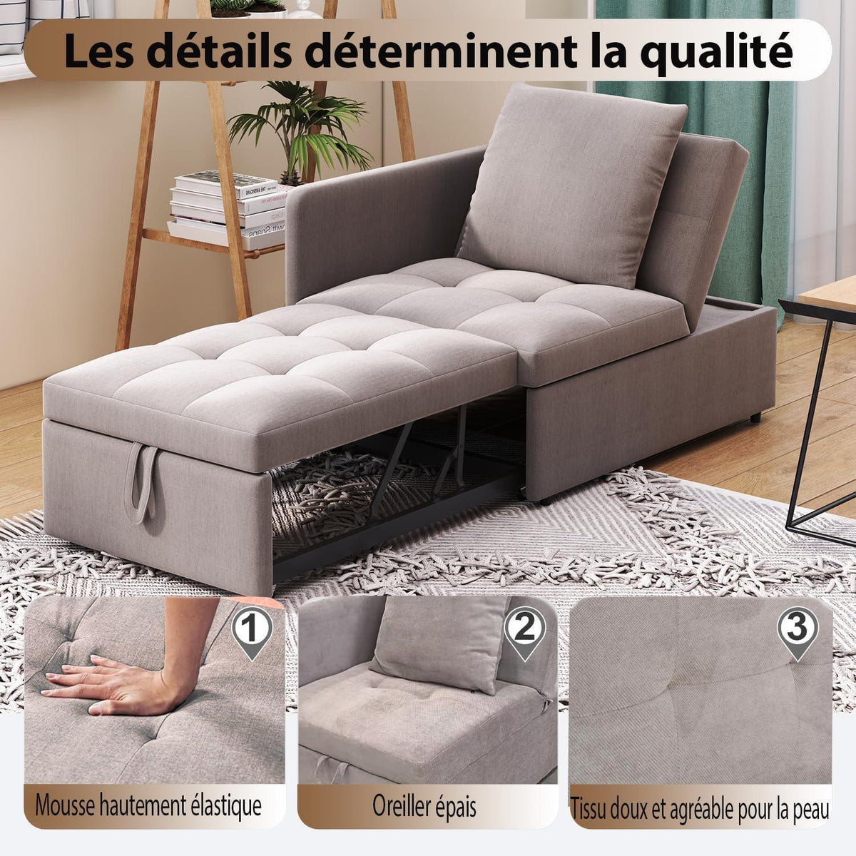 3-in-1 Schlafsofa mit Leinenstoff & verstellbarer Rückenlehne (Grau)